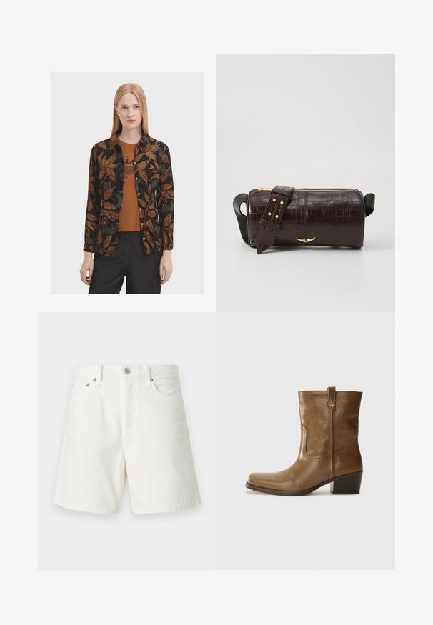 Camisa negra con patrones de hojas naranjas y verdes, con botones en la parte delantera y mangas largas, superpuesta a una blusa marrón. Estilizada con jeans oscuros.; Top de manga larga, color beige claro, con cuello redondo. Fabricado en un tejido suave, presenta una costura central y un dobladillo ligeramente curvado. Sin herrajes visibles.; Shorts de mezclilla blanca con corte recto, diseño de cinco bolsillos, cierre frontal con botón, herrajes plateados y detalles de costura.; Botín de cuero marrón hasta el tobillo, con punta cuadrada, acabado texturizado y un tacón bajo apilado. Presenta una pestaña trasera y detalles de costura sutiles.; Bolso de cuero marrón con estampado de cocodrilo, de forma cilíndrica, con herrajes en tono dorado y una correa desmontable con tachuelas.