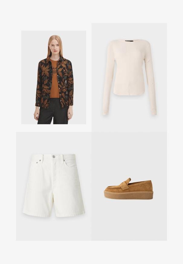 Black shirt with orange and green leaf patterns, button-down front, and long sleeves, layered over a brown top. Styled with dark jeans.; Long-sleeve, light beige top with a round neckline. Made of soft fabric, features a central seam and slightly curved hem. No visible hardware.; White denim shorts with a straight cut, five-pocket design, front button closure, silver hardware, and stitched detailing.; Brown suede loafer with a round toe, featuring a ribbed platform sole and a decorative strap across the upper.