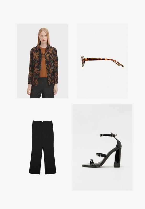 Čierna košeľa s oranžovými a zelenými listovými vzormi, s gombíkmi vpredu a dlhými rukávmi, vrstvená cez hnedý top. Skombinovaná s tmavými džínsy.; Čierne nohavice so strihom rovného strihu, s prednými vreckami a bočnými rozparkami na leme. Vyrobené z mäkkej, hladkej tkaniny. Vhodné na rôzne príležitosti.; Čierne lakované sandále na podpätku so štvorcovou špičkou, navlečenými remienkami okolo členku a striebornými prackami. Disponujú masívnym blokovým podpätkom pre stabilitu.; Slnkové okuliare v korytnačkovom vzore s hrubým rámom, mierne zakrivenými stranami a hladkým povrchom. Majú klasický dizajn s lesklým povrchom.
