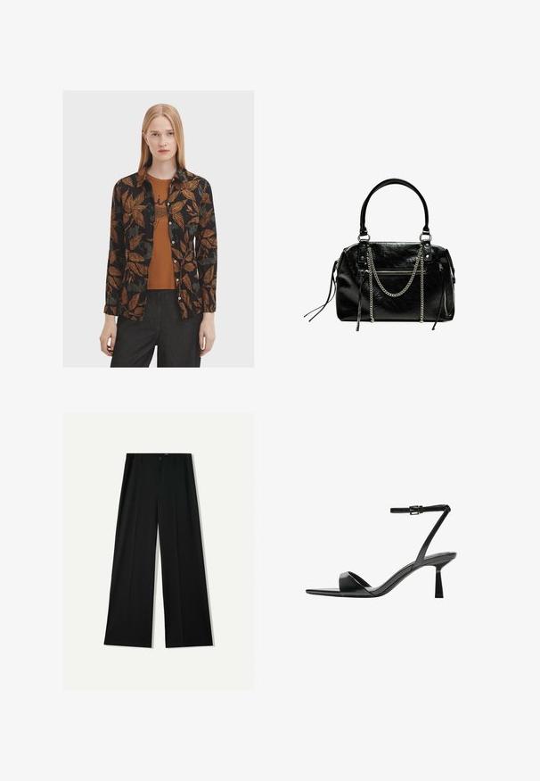 Zwarte shirt met oranje en groene bladenpatronen, met knoopsluiting aan de voorkant en lange mouwen, over een bruine top heen gestyled. Gecombineerd met donkere jeans.; Bershka WIDE - Broek - black; Bershka Sandalen met hoge hak - black; Bershka WITH CHAIN - Handtas - black