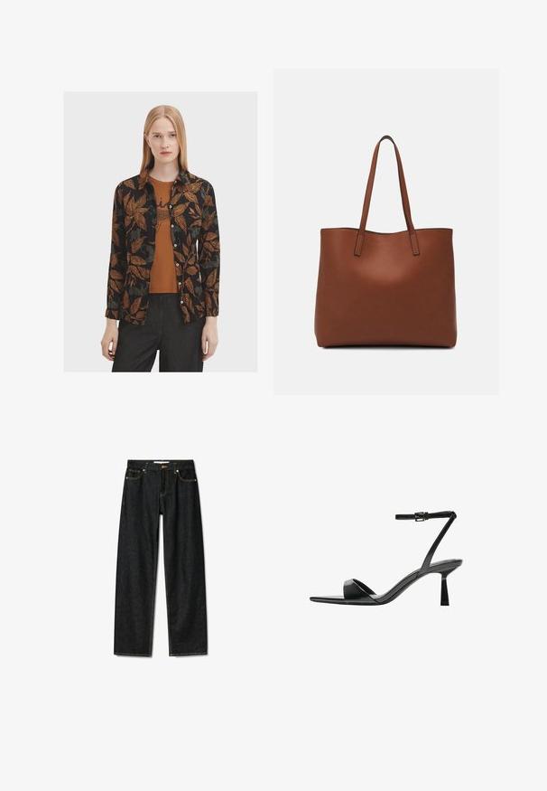 Čierna košeľa s oranžovými a zelenými listovými vzormi, s gombíkmi vpredu a dlhými rukávmi, vrstvená cez hnedý top. Skombinovaná s tmavými džínsy.; Tmavé denimmové rifle s rovný strihom, mosadzným zapínaním na gombík a kontrastným žltým prešívaním. Obsahujú päť vreciek a klasický strih.; Bershka Sandále na vysokom opätku - black; Hnedá kožená taška na rameno s hladkou textúrou, otvoreným vrchom a dvoma ramenými popruhmi. Má minimálne šitia a žiadne viditeľné kovania.