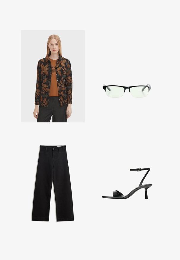Černá košile s oranžovými a zelenými vzory listů, s knoflíkovým zapínáním vpředu a dlouhými rukávy, navrstvená přes hnědý top. Stylizováno s tmavými džíny.; Černé denimové kalhoty s volným střihem a vysokým pasem, vybavené předními a zadními kapsami, prošívanými švy a knoflíkovým zapínáním. Hladká textura.; Bershka Sandály na vysokém podpatku - black; Černé obdélníkové brýle s průhlednými čočkami, s elegantními černými obroučkami a šedými průhlednými koncovkami. Minimalistický design, bez viditelného brandingu.; Světle modrá kabelka se strukturovaným designem, dvěma držadly a stříbrným kováním. Texturovaný materiál a ostré rohy.