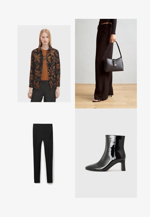 Camisa negra con patrones de hojas naranjas y verdes, con botones en la parte delantera y mangas largas, superpuesta a una blusa marrón. Estilizada con jeans oscuros.; Leggings negros hechos de un tejido suave y elástico. Diseño ajustado con cintura alta, sin costuras visibles y corte hasta el tobillo.; Botín de charol negro con punta afilada y un tacón de bloque de altura media. Textura suave y diseño minimalista.; Bolso negro con forma estructurada, textura suave y un cierre metálico. Combinado con pantalones anchos negros y sandalias de dedo en un suelo de madera.