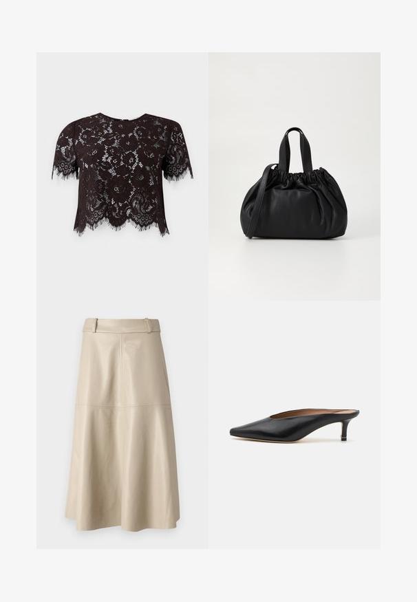 Schwarzes Spitzen-Crop-Top mit kurzen Ärmeln, das florale Muster und fransige Ränder aufweist. Das Design hat einen gewellten Saum für zusätzliche Details.; Beige Leder-Midi-Rock mit glatter Textur, weitem Bund und ausgestellt geschnittenem Saum; mit gesteppten Nähten für zusätzlichen Detailreichtum.; Schwarze Leder-Mules mit spitzem Zehenbereich und niedrigem Blockabsatz. Glatte Textur mit elegantem Design. Offene Rückseite mit minimaler Gestaltung.; Schwarze Lederhandtasche mit einem gerafften Oberteil, ausgestattet mit zwei kurzen Griffen und einem langen verstellbaren Schulterriemen. Glatte Textur, runde Form.