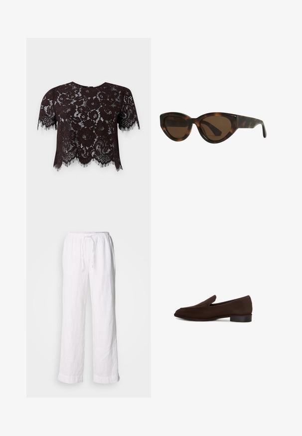 Schwarzes Spitzen-Crop-Top mit kurzen Ärmeln, das florale Muster und fransige Ränder aufweist. Das Design hat einen gewellten Saum für zusätzliche Details.; Strickoberteil ohne Ärmel in Elfenbein mit einem strukturierten, offenen Gewebemuster. Die gewellten Kanten an den Armöffnungen und dem unteren Saum verleihen Detail.; Weiße Leinenhosen mit einem lockeren Schnitt, elastischem Bund und Kordelzug. Sie verfügen über gerade Beine und umgeschlagene Säume für einen lässigen Look.; Brauner Slipper mit glatter Oberfläche, elongated Form, niedrigem Blockabsatz und minimalistischen Design. Keine sichtbaren Muster oder Verzierungen.; Schildpatt-farbene Cat-Eye-Sonnenbrille mit braunen Gläsern, ausgestattet mit glatten, glänzenden Kunststoffrahmen und einem eleganten Design. Keine sichtbaren Logos oder Akzente.; Goldfarbener Ring mit einem Perlenmuster, das gleichmäßig verteilte, runde Perlen mit einer glänzenden, reflektierenden Oberfläche zeigt.