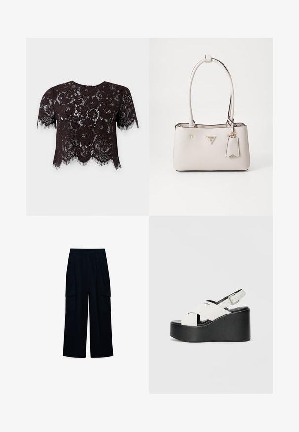 Zwarte kanten crop top met korte mouwen, versierd met bloemenpatronen en franjes aan de randen. Het ontwerp heeft een scalloped zoom voor extra detail.; Wijdbenige, hoog-gelede broeken van donker marineblauw stof. Bevat plooien en twee zij cargozakken. Glad textuur met een strakke uitstraling.; Witte platform sandalen met een zwarte basis, voorzien van een gekruist bandontwerp en een verstelbare enkelgesp. Gladde textuur, moderne vorm.; Beige neplederen handtas met een gladde textuur, dubbele schouderbanden, gouden hardware, een logoplaatje en een aangehechte label.
