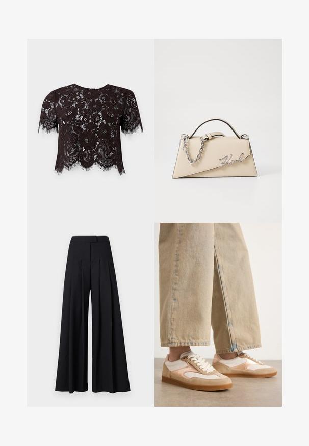 Crop top en dentelle noire avec des manches courtes, présentant des motifs floraux et des bords frangés. Le design a un ourlet festonné pour plus de détail.; KARL LAGERFELD SUMMER OCCASION SUIT TROUSERS - Pantalon classique - black; Baskets beige et crème avec un design en suède et en mesh, présentant un système de laçage et des semelles en caoutchouc, associées à un pantalon large beige.; Sac à main en cuir beige avec une forme triangulaire structurée, doté d'une anse en chaîne argentée et d'un logo en cursive en métal.