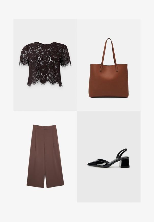 Črni čipkast top s kratkimi rokavi, ki vsebuje cvetlične vzorce in frufru obrobe. Oblika ima valovit rob za dodatno podrobnost.; Rjave široke hlače z gladko teksturo, ki imajo visok pas in sprednje naborke. Tkanina je lahka in prosto pada.; Črne lakirane slingback pete s koničastim nosom in geometrijsko blokasto peto. Imajo eleganten, minimalističen dizajn in gladko teksturo.; Rjava usnjena torba z gladko teksturo, odprto zasnovo zgoraj in dvema naramnima trakovoma. Opremljena je z minimalnim šivanjem in brez vidnih kovinskih delov.