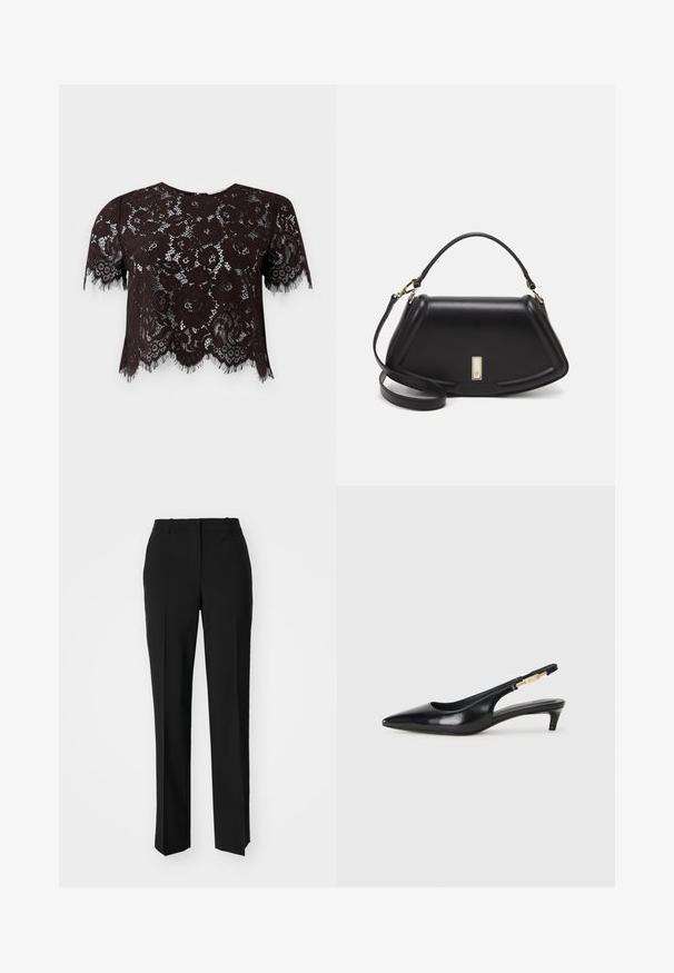 Schwarzes Spitzen-Crop-Top mit kurzen Ärmeln, das florale Muster und fransige Ränder aufweist. Das Design hat einen gewellten Saum für zusätzliche Details.; Schwarze, taillierte Hose mit geradem Bein, aus einem glatten Stoff und mit klaren Falten an der Vorderseite. Keine sichtbare Hardware.; Schwarze Leder-Slingback-Pumps mit spitzem Schuhblatt, ausgestattet mit einem schlanken Absatz und einem goldfarbigen Akzent am verstellbaren Riemen. Glatte Textur.; Schwarze Lederhandtasche mit einem strukturierten Design, das eine verkürzte Form, einen oberen Griff und goldfarbene Hardware-Details aufweist. Verstellbarer Schulterriemen ist enthalten.