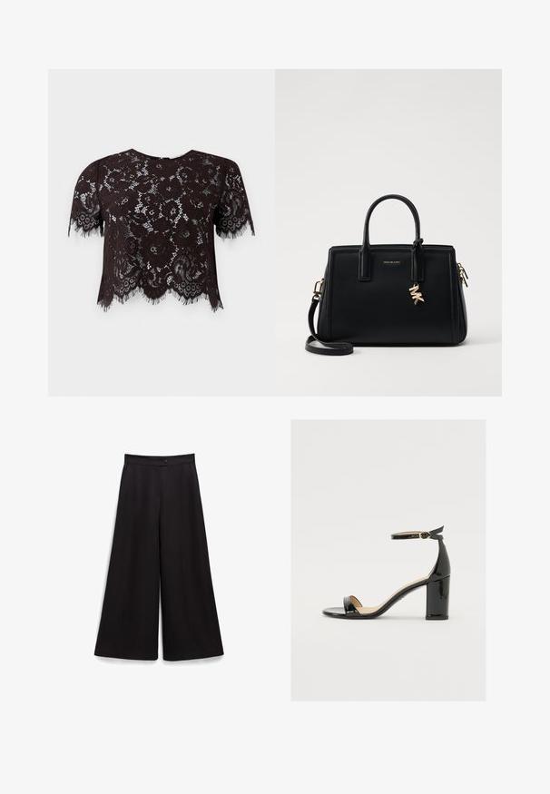 Czarny koronkowy crop top z krótkimi rękawami, ozdobiony kwiatowymi wzorami i frędzlami. Projekt ma falbaniasty dół dla dodatkowego detalu.; Czarne spodnie o szerokich nogawkach z gładką fakturą, z zapięciem na guzik w talii i luźnym krojem. Brak widocznych wzorów lub akcentów.; Czarne sandały z lakierowanej skóry na szerokim obcasie, z otwartym czubkiem i paskiem na kostce z złotą klamrą. Gładka faktura i elegancki design.; Czarna skórzana torebka o strukturalnym designie, z dwiema górnymi uchwytami, odpinanym paskiem na ramię, złotymi akcesoriami i zawieszką z logo.