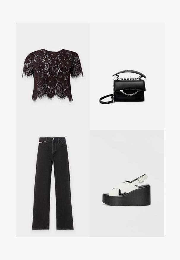 Black lace crop top with short sleeves, featuring floral patterns and fringed edges. The design has a scalloped hem for added detail.; Black wide-leg jeans made of denim, featuring a high-rise waist, five-pocket styling, and a metal button closure with contrasting stitching.; White platform sandals with a black base, featuring a crossed strap design and adjustable ankle buckle. Smooth texture, modern shape.; Black leather handbag with a structured design, chain and handle accents, and a textured surface. Features a flap closure with branding visible.