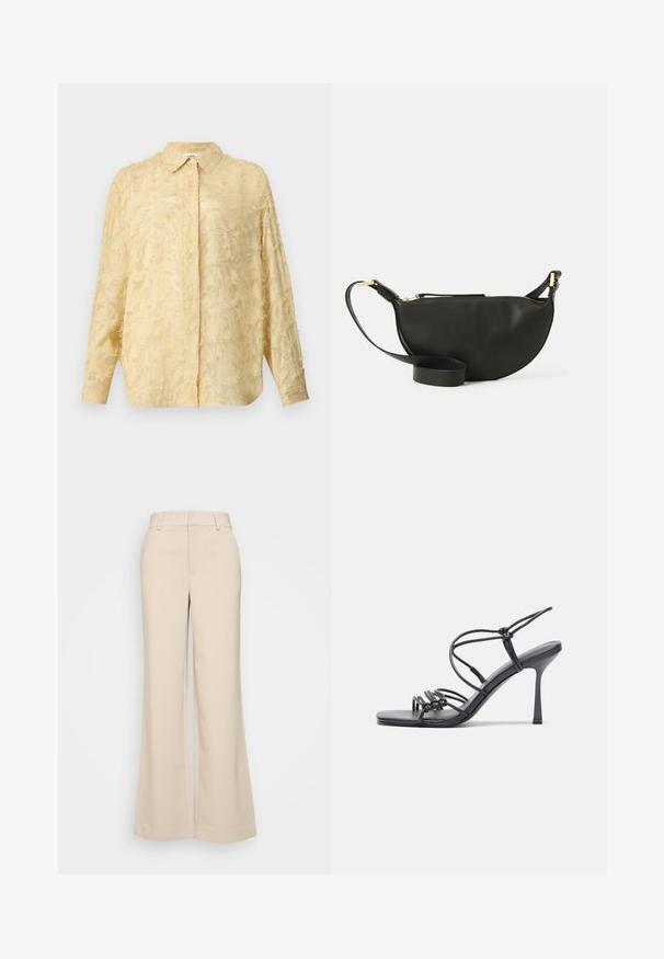 Light yellow blouse with long sleeves, textured fabric featuring frayed detailing, button closure, and defined collar. Features a relaxed fit.; Beige wide-leg trousers with a smooth texture, featuring a high waistband and two front pockets. Clean design with a tailored fit.; Black high-heeled sandals feature thin straps with a knotted design, a smooth square toe, and a sleek stiletto heel.; Black leather crossbody bag with half-moon shape, textured surface, gold zipper, and a flat strap. Compact design suitable for essentials.