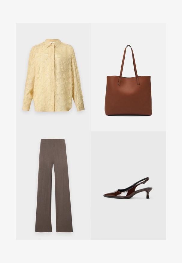 Gaiši dzeltena blūze ar garām piedurknēm, teksturēta auduma ar saplēsušiem elementiem, ar pogu aizdari un skaidri definētu apkakli. Iespējama brīva piegriezuma forma.; Platas platļeglu bikses tumši brūnā krāsā ar ribotu tekstūru, elastīgu jostasvietu un mīkstu, reljefainu audumu.; Brūnas patentētas ādas sprauga kurpes ar norādītu pirkstu un mērenu papēdi. Aprīkotas ar sprādzi, lai nodrošinātu drošu fit. Gluda tekstūra.; Brūna ādas iepirkumu soma ar gludu tekstūru, atvērta augšdaļa un divas plecu siksnas. Izceļas ar minimālām šuvēm un redzamu aparatūru nav.