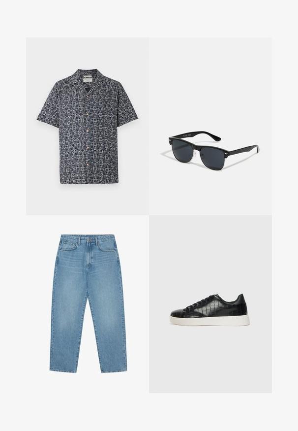 Camisa de manga curta em azul-marinho com um padrão abstrato branco, apresentando um fecho com botões na frente e um colarinho. Tecido suave com um corte confortável.; Jeans de ganga de perna larga em azul-claro com cintura alta, apresentando cinco bolsos, passadores para cinto e uma textura suave, ligeiramente desbotada.; Tênis pretos com cabedal em couro texturizado com relevo de crocodilo, bico arredondado e sola de borracha branca em contraste, com acabamento suave.; Óculos de sol pretos com forma retangular, lentes escuras, detalhes em prata nas hastes e um acabamento mate na armação.