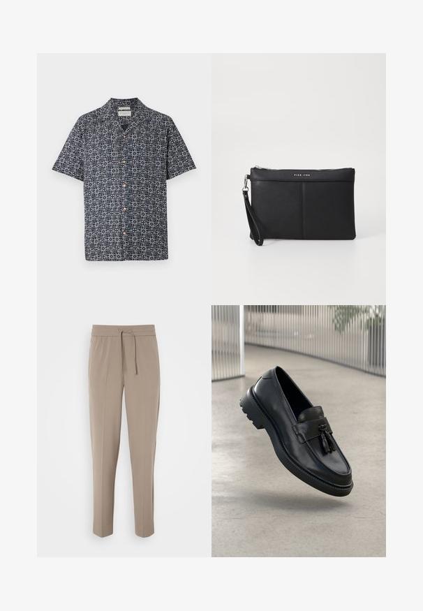 Lyhythihainen paita tummansinistä väriä, jossa on valkoinen abstrakti kuvio. Paidan edessä on napp closure ja kaulus. Pehmeä kangas, rento istuvuus.; Harmaat vaaleat housut, joissa on joustava vyötärö, säädettävä nyöri ja kapeat lahkeet. Kangas näyttää sileältä ja siinä on hienoinen kiilto.; Mustat nahkaiset loafersit, joissa on sileä pinta, koristeellinen hapsu, paksu kumipohja ja ommellut yksityiskohdat. Kevyt ja virtaviivainen muotoilu.; Mustat synteettiset hihnataskut, joissa on vetoketjukiinnitys, ranneunos ja sileä pinta. Sisältää hienovaraisia ompeleita ja kohokuvioidun logon etupuolella.