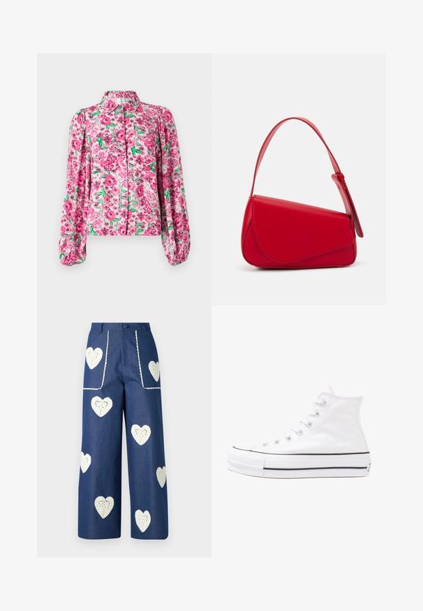 Floral blouse with a pink, green, and gray pattern, featuring a collared neck, button closure, and puffed long sleeves. Soft, lightweight fabric.; Sister Jane HEART TO HEART - Straight leg jeans - blue denim; White high-top canvas sneaker with black rubber sole, front rubber toe cap, and six eyelets for laces, featuring a clean, minimalist design.; Red leather handbag with an angular, geometric design. Features a single adjustable strap and a flap closure with stitched detailing.