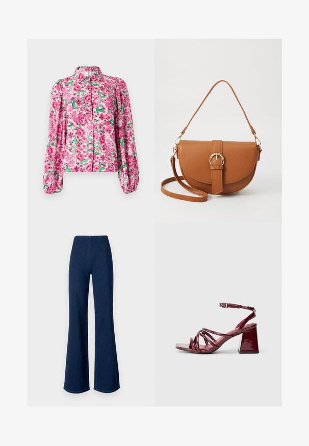 Blusa floral com um padrão em rosa, verde e cinza, apresentando um colarinho, fecho de botão e mangas longas bufantes. Tecido suave e leve.; Calças de ganga em azul escuro, com corte flare e uma cinturilla elástica. Apresentam uma textura suave e um design de perna larga que se estende até à bainha.; Sandálias de tacão em verniz burgundy com bico quadrado, apresentando várias tiras entrelaçadas e um salto robusto. Correia ajustável no tornozelo.; Bolsa transversal de couro castanho com um formato curvado, ferragens douradas e um detalhe de fivela. Inclui uma alça de ombro destacável.