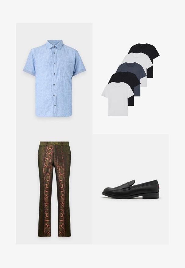 Jasnoniebieska koszula z krótkim rękawem, wykonana z teksturowanej tkaniny, z zapięciem na guziki z przodu, naszywaną kieszonką i podwiniętymi mankietami.; Zestaw pięciu koszulek w kolorach czarnym, białym i granatowym. Wykonane z bawełny, z krótkimi rękawami, klasycznym dekoltem i gładką fakturą, bez wzorów.; Zielone spodnie w wzory z nadrukiem węża w odcieniach brązu i pomarańczy, o prostym kroju i gładkiej teksturze.; Czarne skórzane loafersy o gładkim wykończeniu, zaokrąglonym czubku i małym dekoracyjnym klapku. Posiadają niską, warstwową podeszwę oraz subtelny detal z brandingiem.