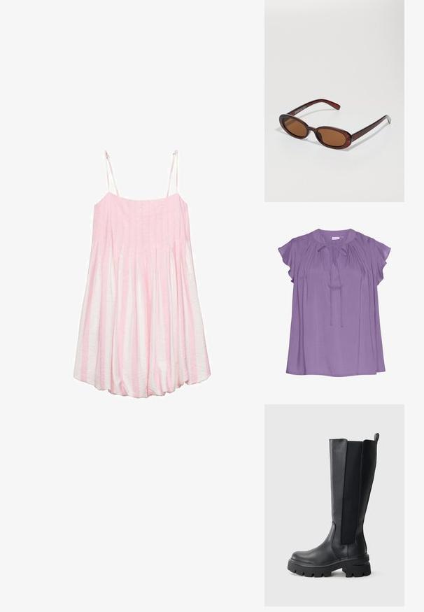 Blusa viola con maniche a sbuffo corte, dotata di scollatura rotonda, dettaglio annodato davanti e tessuto liscio e fluido.; Abito senza maniche a righe rosa e bianche con tessuto arricciato, leggero e con spalline regolabili. Design a fondo svasato.; Stivali neri al ginocchio in pelle liscia con pannelli laterali elastici a contrasto. Suola in gomma robusta con battistrada pronunciato.; Occhiali da sole rotondi con tonalità marrone, montatura lucida color bordeaux. Aste sottili con un sottile dettaglio del marchio. Design delle lenti piatte.; Borsa a mano in pelle borgogna intrecciata con corpo arrotondato, manico spesso e apertura con cerniera. Presenta una texture liscia e un motivo intrecciato.