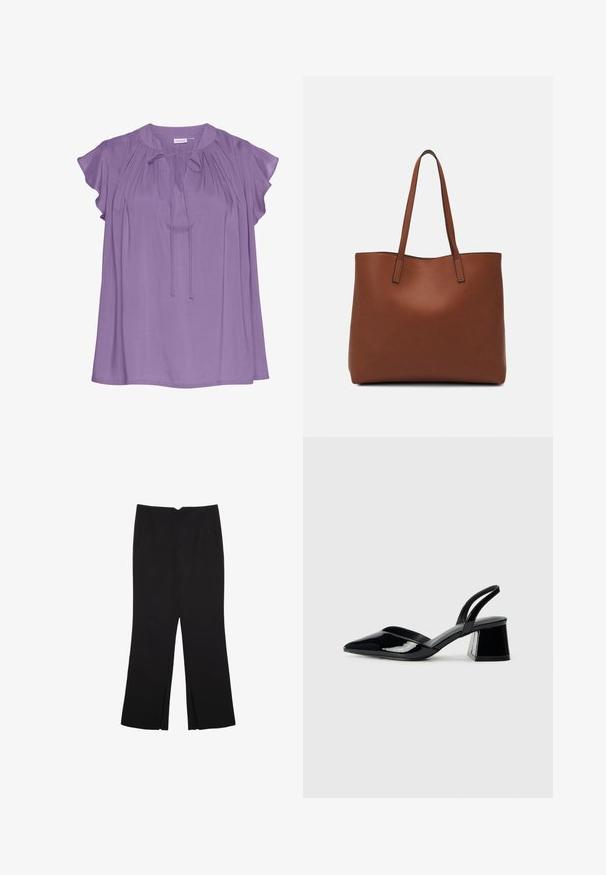 Lila Bluse mit kurzen, schwingenden Ärmeln, runder Ausschnitt, gebundenem Detail an der Vorderseite und glattem, fließendem Stoff.; Schwarze Hose mit geradem Schnitt, ausgestattet mit Fronttaschen und Seitenschlitzen am Saum. Hergestellt aus weichem, glattem Stoff. Geeignet für verschiedene Anlässe.; Schwarze Lackleder-Slingback-High Heels mit spitzem Schuh und einem geometrischen Blockabsatz. Verfügt über ein schlankes, minimalistisches Design und eine glatte Textur.; Braune Leder-Tote mit glatter Textur, offenem Oberteil und zwei Schulterriemen. Verfügt über minimale Nähte und keine sichtbaren Beschläge.