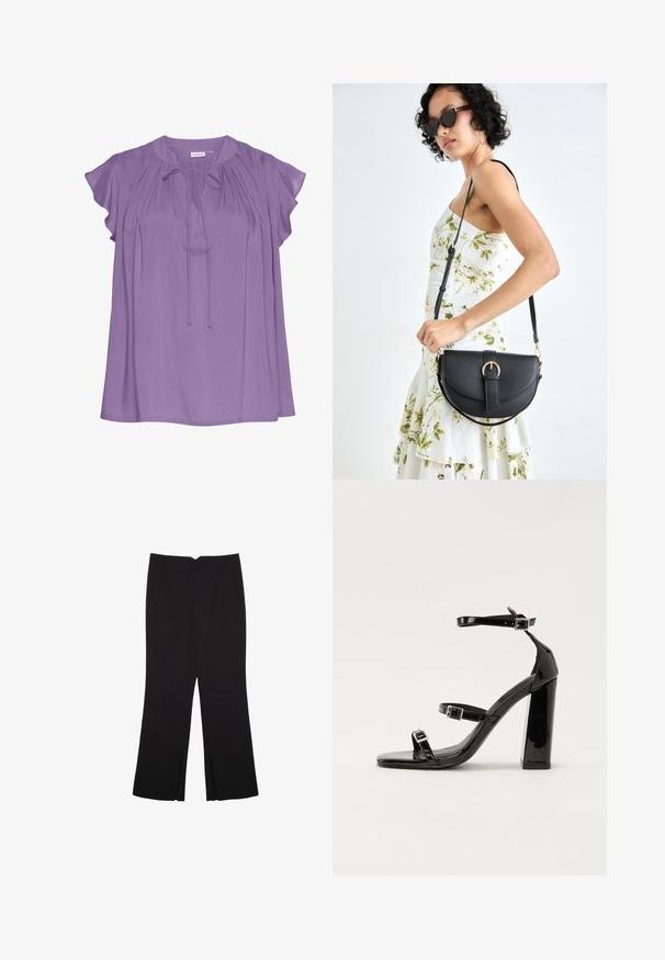 Blusa viola con maniche a sbuffo corte, dotata di scollatura rotonda, dettaglio annodato davanti e tessuto liscio e fluido.; Pantaloni neri a gamba dritta, con tasche frontali e spacchi laterali all'orlo. Realizzati in tessuto morbido e liscio. Adatti a diverse occasioni.; Sandali con tacco in vernice nera, con punta squadrata, cinturini alla caviglia e fibbie in argento. Presentano un tacco a blocco spesso per maggiore stabilità.; Borsa a tracolla nera in pelle con una forma curva, manico rimovibile e accessori dorati. La borsa presenta una patta con un dettaglio a fibbia.