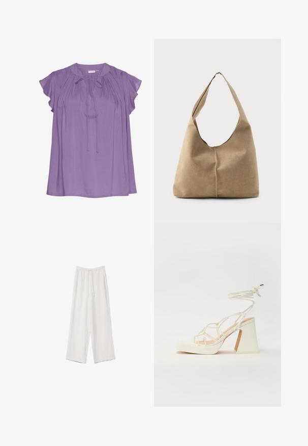 Lilla bluse med korte flæseærmer, der har en rund halsudskæring, knyt-detalje foran og glat, flydende stof.; Hvide bukser med bred benlængde lavet af et letvægtsstof. Har et elastisk talje med snor og sidelommer. Glat tekstur.; Hvide højhælede sandaler med en kraftig hæl, der har et stropdesign og ankelbinding. Glat tekstur med en platform foran for ekstra højde.; Hobo taske i blød beige ruskind med en afslappet form, bred skulderrem og håndsyet sømdetalje langs fronten.