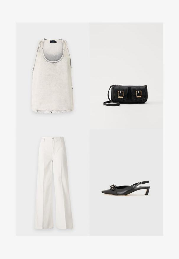 Camiseta de algodón en blanco desgastado con escote redondeado y costuras laterales. Presenta una textura sutil y una pequeña etiqueta de la marca en el escote.; Pantalones de pierna ancha blancos hechos de algodón con una textura suave. Cuenta con un botón delantero, cremallera y un diseño de cuatro bolsillos.; Zapato slingback de cuero negro con punta afilada, tacón pequeño y detalle de hebilla decorativa en la parte superior. Textura suave, diseño minimalista.; Bolso cruzado de cuero negro con dos bolsillos frontales, hebillas doradas, cierre de cremallera y una correa delgada. Superficie texturizada y forma rectangular compacta.