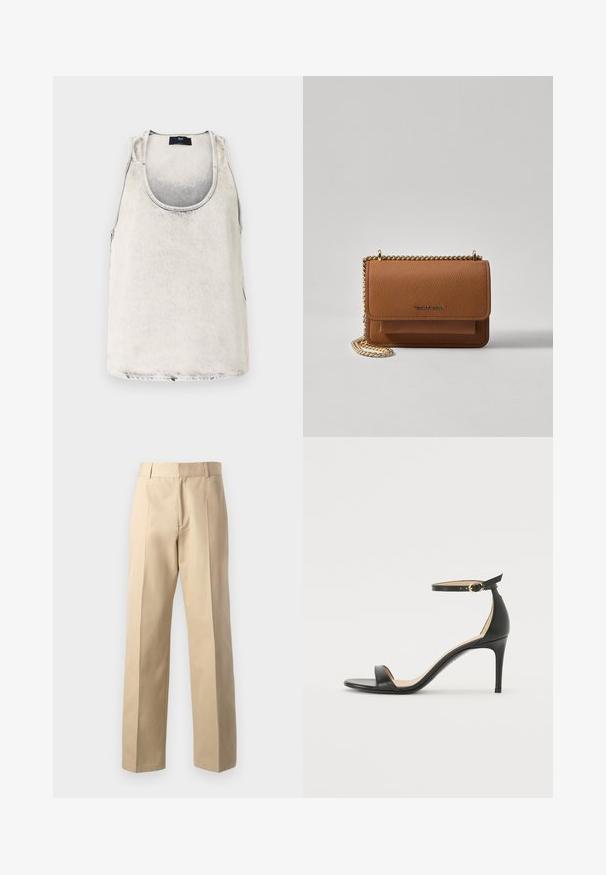 Džersinis tankinis blizgančios baltos spalvos su švelniu iškirpte ir šoninėmis siūlėmis. Pasižymi subtiliu tekstūru ir mažas prekės ženklo etiketė prie iškirptės.; Šviesiai rudos kelnes su tiesaus kojų kirpimu, turinčiu lygią tekstūrą, centrines priekines klostes ir klasikiniu juosmeniu.; Juodos oda aukštakulniai sandalai su kulkšnies dirželiu. Pasižymi lygiu paviršiumi, atviru pirštu ir plonu kulnu. Auksinės spalvos sagties detalė.; Ruda tekstūruota odinė per petį nešama rankinė su auksiniu grandininiu dirželiu ir užlenkiamo užsegimo. Priekinėje pusėje yra logotipo detalė ir kišenė po užlenkimu.