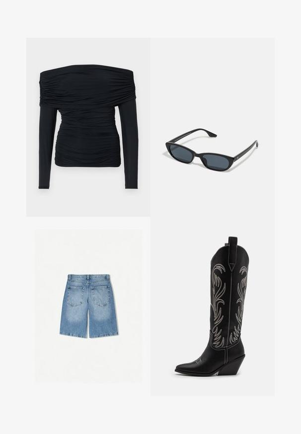 Black off-shoulder top featuring long fitted sleeves, ruched texture, and a body-hugging design. Made from soft, stretchy fabric.; Denim shorts in light blue with a relaxed fit. Features two back pockets and a straight leg design. Smooth texture with minimal fading.; Black leather cowboy boots with pointed toes, wedge heels, and silver embroidered floral patterns along the shaft. Contrast stitching throughout.; Black cat-eye sunglasses with dark lenses, plastic frame, slim temples, and subtle branding on the inner arm. Matte finish texture.