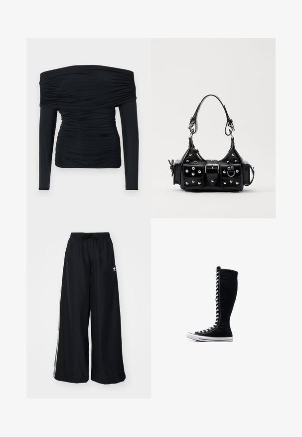 Must mustriga mustriga top, millel on pikad sobivad varrukad, rikutud tekstuur ja keha siluva disain. Valmistatud pehmest ja venivast kangast.; Mustad must laiad püksid, mis on valmistatud kergest kangast. Omavad elastset vöökohta tõmblukuga ja valget külgtriipu. Brändi logo puus.; Mustad mustad ketsid, millel on pikk disain, valmistatud kanvasest. Omavad valgeid paelu, õmblusi ja kummist tallat, millel on varbapatja kate.; Must värvi nahast käekott, millel on kaarjas disain, hõbedased nupukesed, kinnitusahe ja kaks külgtaskut. Reguleeritav rihm erinevate kandmisvõimaluste jaoks.