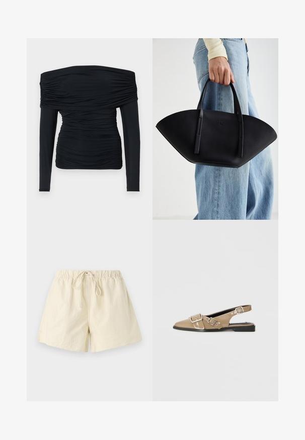 Melnā off-shoulder top ar garām pieguļošām piedurknēm, sakļautu faktūru un pieguļošu dizainu. Izgatavots no mīksta, elastīga auduma.; Bežīgas šortas ar elastīgu jostu un saites ierīci, ar brīvu piegriezumu un gludu tekstūru. Nav redzamu kabatu vai rakstu.; Beige lakoti slingback apavi ar smailu purngalu, divām regulējamām sprādzēm un zemu melnu papēdi. Gluda tekstūra ar spīdīgu apdari.; Melnas ādas rokassoma ar unikālu ventilatora formu, aprīkota ar plakaniem rokturiem. Virsma ir ar graudainu faktūru un minimālistisku dizainu.