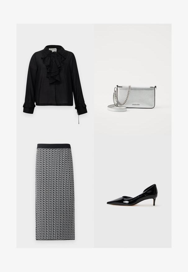 Fekete, hosszú ujjú blúz, fodros elejével, megkötős nyakkal és fodros mandzsettával, fehér háttér előtt.; Térdmidig érő szoknya rugalmas kötött anyagból, fekete-fehér nyíl mintázattal és fekete elasztikus derékkal.; Fekete lakk női, hegyes orrú, kisméretű sarokkal rendelkező cipő, profilból bemutatva, világos szürke háttéren.; Ezüst bőr keresztpántos táska texturált felülettel, lánc- és pántdíszítéssel, valamint cipzáras záródással. Elöl logó található.
