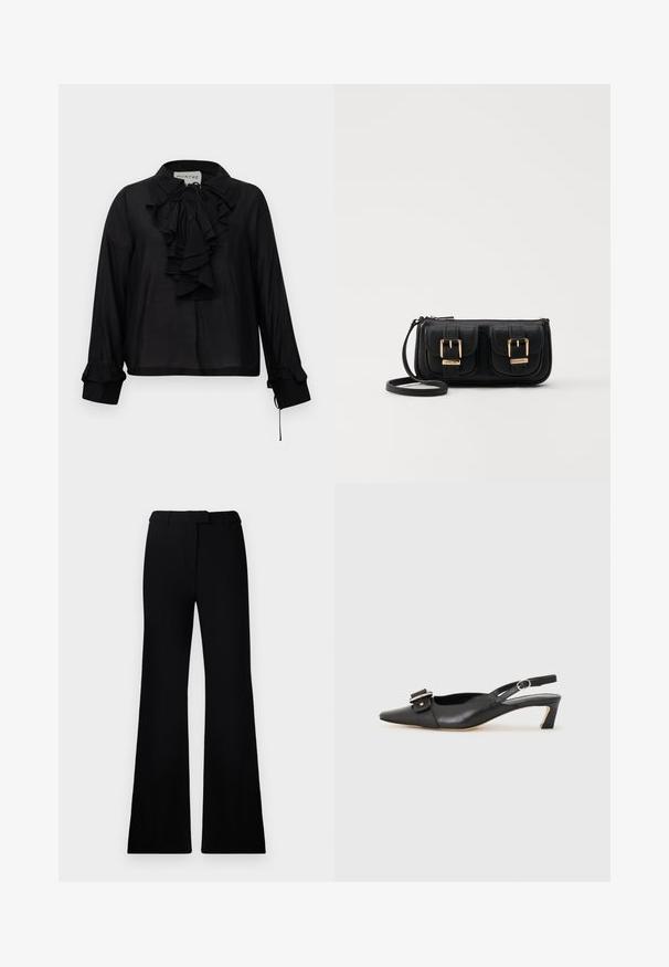 Zwarte blouse met lange mouwen, voorzien van een gerimpelde voorkant, striksluiting en gerimpelde manchetten, tentoongesteld tegen een witte achtergrond.; Zwarte uitlopende broek met een soepele textuur, een op maat gemaakte tailleband en voorzakken, ontworpen met een elegante, moderne silhoeët.; Zwarte leren slingback schoen met scherpe neus, kleine hak en decoratieve gespdetails op de bovenkant. Stijlvolle textuur, minimalistisch ontwerp.; Zwarte leren schoudertas met twee vo pockets, gouden gespen, ritsluiting en een smalle band. Tekstuur oppervlak en compacte rechthoekige vorm.