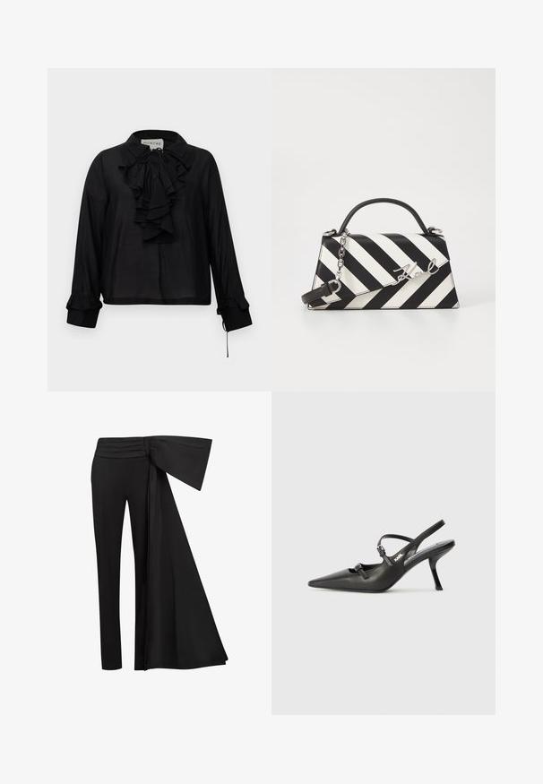 Blusa nera a maniche lunghe con pannello arricciato nella parte frontale, colletto con fiocco e polsini arricciati, esposta su uno sfondo bianco.; Pantaloni neri con un ampio dettaglio a fascia drappeggiata in vita. Tessuto liscio, taglio dritto e cintura plissettata.; Scarpe slingback nere in pelle con punta affilata, tacco sottile e dettaglio decorativo a fibbia sulla tomaia. Texture liscia e design elegante.; Borsa a righe bianche e nere con una forma strutturata, dotata di manico superiore, tracolla a catena staccabile e dettaglio logo metallico.