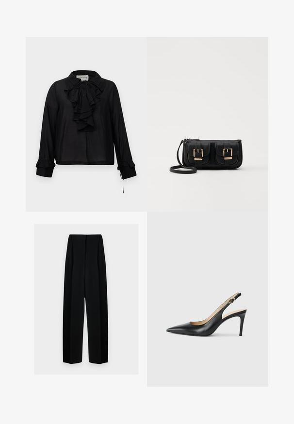 Schwarze Langarmbluse mit gerüschtem Vorderteil, Bindekragen und gerüschten Manschetten, vor einem weißen Hintergrund präsentiert.; Schwarze weit geschnittene Hosen mit hoher Taille, die Falten und eine glatte Textur aufweisen. Der Stoff wirkt leicht und fällt elegant.; Schwarze Leder-Slingback-High-Heels mit spitzem Zehenbereich, verstellbarem Riemen und schlankem Stiletto-Absatz, ausgestattet mit einer glatten Oberfläche.; Schwarze Leder-Umhängetasche mit zwei vorderen Taschen, goldenen Schnallen, Reißverschluss und einem schmalen Tragegurt. Texturierte Oberfläche und kompakte rechteckige Form.