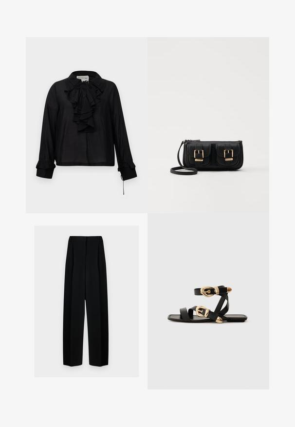Čierna blúzka s dlhým rukávom, riaseným predným dielom, viazaním na krku a riasenými manžetami, vystavená na bielom pozadí.; Čierne široké nohavice s vysokým pásom, so skladmi a hladkou textúrou. Tkanina vyzerá ľahko a elegantne sa drapuje.; Čierne kožené sandále so zlatými prackami, s viacerými pásikmi a plochou podrážkou pre otvorené nosenie.; Čierna kožená crossbody taška s dvoma prednými vreckami, zlatými sponami, zipsovým uzatváraním a úzkym popruhom. Štruktúrovaný povrch a kompaktný obdĺžnikový tvar.