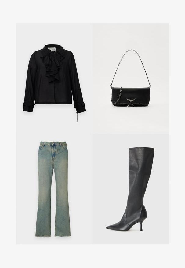 Sort langærmet bluse med flæsefront, bindebånd ved halsen og flæsekanter, præsenteret mod en hvid baggrund.; Lysblå denim flare jeans med høj talje, fem lommer og lynlås. Ren, falmet finish med subtile syninger.; Knæhøje sorte læderstøvler med spidse tæer og slanke stiletto-hele. Glat tekstur med en tætsiddende design og syninger ved toppen.; Sort læderhåndtaske med en sølv kædestrop, der har dekorative vingedetaljer og hvid syning langs bunden.
