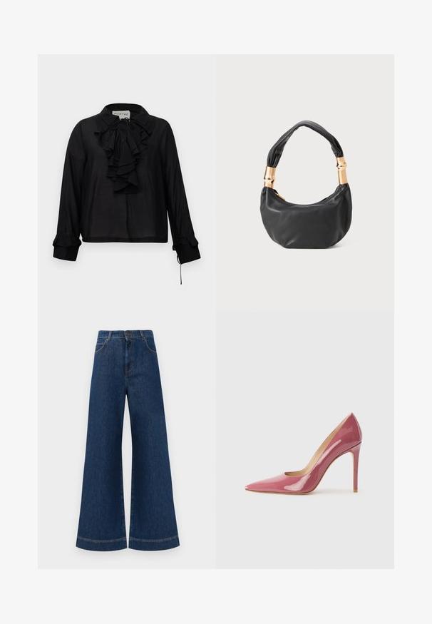 Blusa preta de mangas longas com frente franzida, decote com laço e punhos franzidos, exibida contra um fundo branco.; Jeans azul de perna larga com cintura alta, apresentando um fecho de botão, passantes para cinto e detalhes de costura discretos ao longo dos bolsos e das bainhas.; Sapatilha de salto alto em couro patente rosa, com bico fino e silhueta elegante, apresentando um detalhe recortado e um salto agulha.; Mala de mão em couro preto com forma redonda, textura suave e alça com nó, apresentando detalhes em metal dourado. Fecho em zíper.
