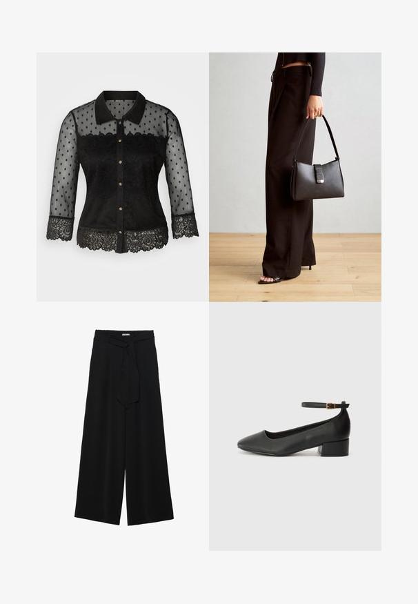 Morgan Hemdbluse - noir; Schwarze weite Hosen aus strukturiertem Stoff, mit elastischem Bund und einem abnehmbaren Bindegürtel in der Taille für eine verstellbare Passform.; Schwarze Lederpumps mit spitzem Zehenbereich und niedrigem Blockabsatz. Mit einem Knöchelriemen und einer goldfarbenen Schnalle. Glatte Textur.; Schwarze Handtasche mit strukturierter Form, glatter Textur und einem metallischen Verschluss. Kombiniert mit weiten schwarzen Hosen und offenen Sandalen auf einem Holzboden.