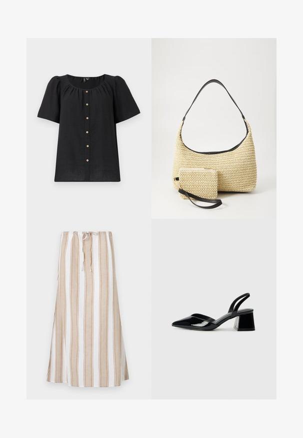 Bluză scurtă neagră cu mâneci scurte, guler rotund și închidere cu nasturi. Prezintă detalii pliate și accente cu nasturi din lemn pe toată lungimea. ; Fustă rayé în alb și bej deschis, cu talie reglabilă și un design lung, fluid. Fabricată dintr-un material ușor, cu o croială lejeră.; Pantofi cu toc slingback din piele lacuită neagră, cu vârf ascuțit și toc geometric. Prezintă un design elegant, minimalist și o textură netedă.; Geantă din paie țesută, cu o siluetă curbată, având o curea din piele neagră netedă și un plic mic asortat, atașat printr-un breloc pentru încheietură.