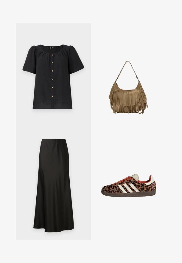 Czarna bluzka na krótki rękaw z okrągłym dekoltem i zapięciem na guziki. Posiada marszczone detale oraz drewniane akcenty guzików wzdłuż listwy.; Czarna satynowa spódnica maxi o gładkiej fakturze, z wysokim stanem i rozszerzanym dołem. Charakteryzuje się prostym wzornictwem, bez widocznych wzorów czy elementów metalowych.; Sneakers w nadrukiem lamparta z zamszowego materiału, czerwonymi sznurówkami i trzema białymi paskami z boku. Wyróżniają się kremowym językiem i brązową podeszwą.; Brązowa torebka z zamszu z długimi frędzlami, o zakrzywionym kształcie i pojedynczym paskiem na ramię. Posiada gładką, teksturowaną powierzchnię.