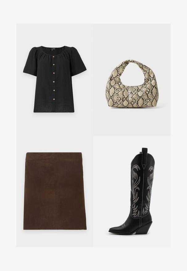 Schwarze Kurzarmbluse mit Rundhalsausschnitt und Knopfschluss. Sie hat geraffte Details und Holzknopf-Akzente entlang der Knopfleiste.; Brauner Wildleder-Minirock mit einem klaren, einfachen Design. Verfügt über eine gerade Form und nahtlose vertikale Nähte für minimalistische Details.; Schwarze Leder-Cowboy-Stiefel mit spitzen Zehen, Keilabsätzen und silbernen, gestickten Blumenmustern entlang des Schafts. Kontrastnähte über das gesamte Design.; Schlangenmuster-Tasche mit einem gebogenen Griff. Hergestellt aus strukturierten, beige- und braunfarbenen Materialien, die ein markantes Diamantmuster aufweisen.