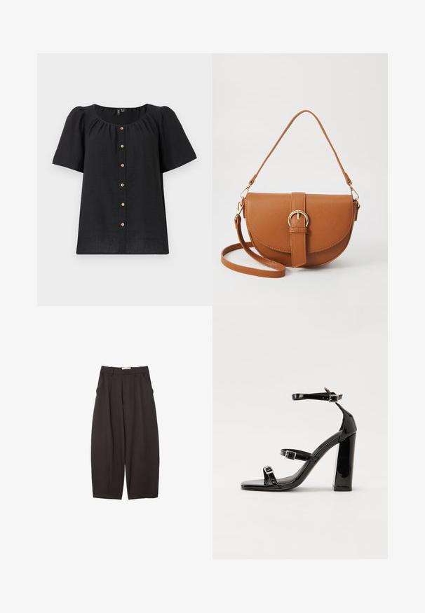 Černá krátká halenka s kulatým výstřihem a knoflíkovou přední částí. Obsahuje nařasené detaily a dřevěné knoflíkované akcenty podél zapínání.; Černé široké kalhoty vyrobené z hladkého materiálu, s vysokým pasem, předními sklady a bočními kapsami. Jednoduchý design bez ozdob.; Černé lakované sandály na podpatku se čtveratou špičkou, lýtkovými pásky a stříbrnými přezkami. Disponují masivním blokovým podpatkem pro stabilitu.; Hnědá kožená křížová taška s zakřiveným tvarem, zlatými detaily a akcentem s přezkou. Obsahuje odnímatelný popruh na rameno.