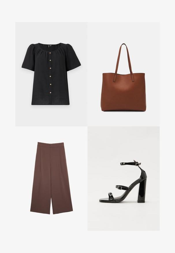 Čierna blúzka s krátkym rukávom, okrúhlym výstrihom a zapínaním na gombíky. Obsahuje nariasené detaily a akcenty z drevených gombíkov pozdĺž légu.; Hnedé nohavice so širokými nohavicami a hladkou textúrou, s vysokým pásom a prednými skladmi. Tkanina je ľahká a voľne sa pohybuje.; Čierne lakované sandále na podpätku so štvorcovou špičkou, navlečenými remienkami okolo členku a striebornými prackami. Disponujú masívnym blokovým podpätkom pre stabilitu.; Hnedá kožená taška na rameno s hladkou textúrou, otvoreným vrchom a dvoma ramenými popruhmi. Má minimálne šitia a žiadne viditeľné kovania.