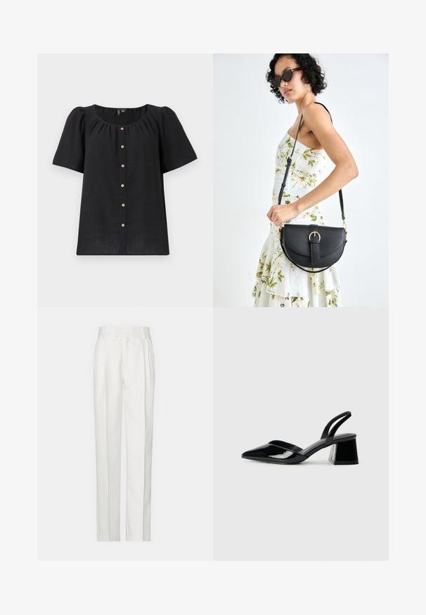 Crna kratka bluzica s kratkim rukavima i okruglim izrezom te dugmadima sprijeda. Sadrži nabore i drvene gumbe kao ukras uz placket.; Bijele hlače s prugicama ravnog kroja, izrađene od laganog materijala. Imaju nabore sprijeda i tradicionalni pojas.; Crne lakirane kožne sandale s otvorenom petom i špicastim vrhom, s geometrijskom blok petom. Imaju elegantan, minimalistički dizajn i glatku teksturu.; Crna kožna torba s lukovitim oblikom, odvojivim remenom i zlatnim detaljima. Torba ima preklop s kopčom.