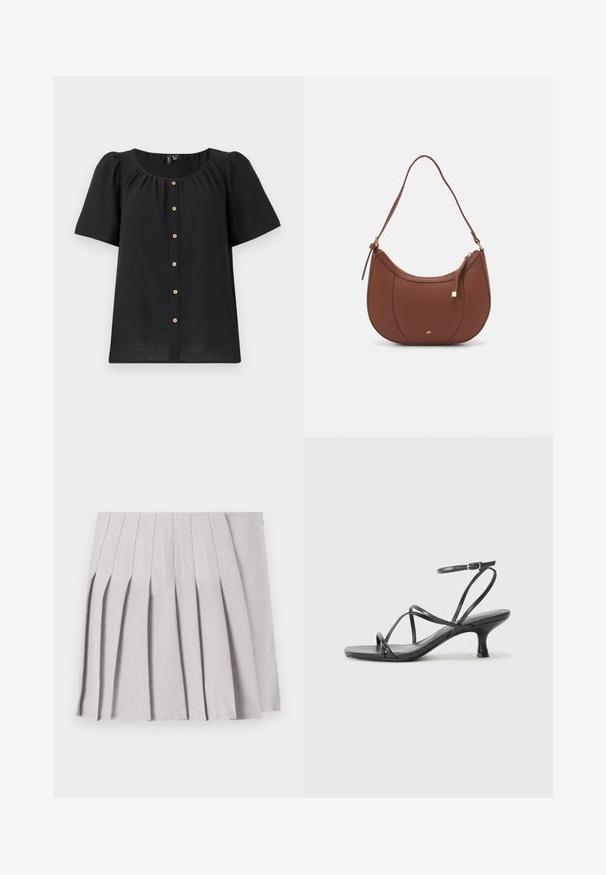 Black short-sleeve blouse with a round neckline and button front. Features gathered detailing and wooden button accents along the placket.; Gray pleated skirt with a smooth texture, featuring multiple vertical folds and a fitted waistline. Made from lightweight fabric.; Black heeled sandals with thin straps, open toe design, and a small, flared heel. The material appears smooth and glossy.; Brown faux leather shoulder bag with curved shape, minimal stitching, and a gold-tone hardware accent. Features a top zipper closure and adjustable strap.