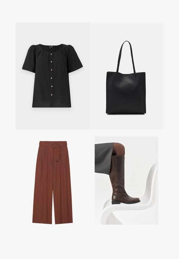 Must find mustast lühikeste varrukatega pluus ümmarguse kaelusega ja nööpide ees. Omab kogutud detaile ja puidust nööpide aktsente nööpide rea ääres.; Küljed on laiad pruunidest kangast püksid, millel on ruudukujuline pandla ja pleeditud disain, samuti sile tekstuur.; Pruunist nahast põlvekõrgused saapad ümarate varvastega, siledat tekstuuri ja minimaalsete õmblusteenustega, paigutatud heledale taustale valgel toolil.; Mustast nahast kott sujuva tekstuuriga, ristkülikukujuline ja kahe pika sangaga. Pole nähtavat riistvara ega kaunistusi.