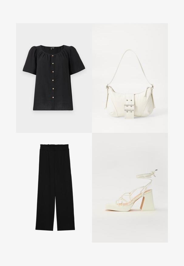 Musta lyhythihainen pusero, jossa on pyöreä kaula-aukko ja nappikiinnitys. Sisältää rypytysdetailit ja puunapit kaulusmyynnissä.; Musta leveälahkeinen housut, joissa on röyhelövyötärö, kaksi sivutaskua ja sileä, kevyt kangas. Ei näkyviä kuvioita tai metalliosia.; Valkoinen korkokenkä, jossa on paksu korko, ja joka sisältää nauhakiinnityksen ja nilkkaketjun. Sujuva pinta, jossa on platform-etupohja lisäkorkeutta varten.; Valkoinen olkalaukku, jossa on teksturoitu pinta, keskeinen solkiyksityiskohta ja kaareva muoto. Vetoketjusulkimet kummallakin puolella.