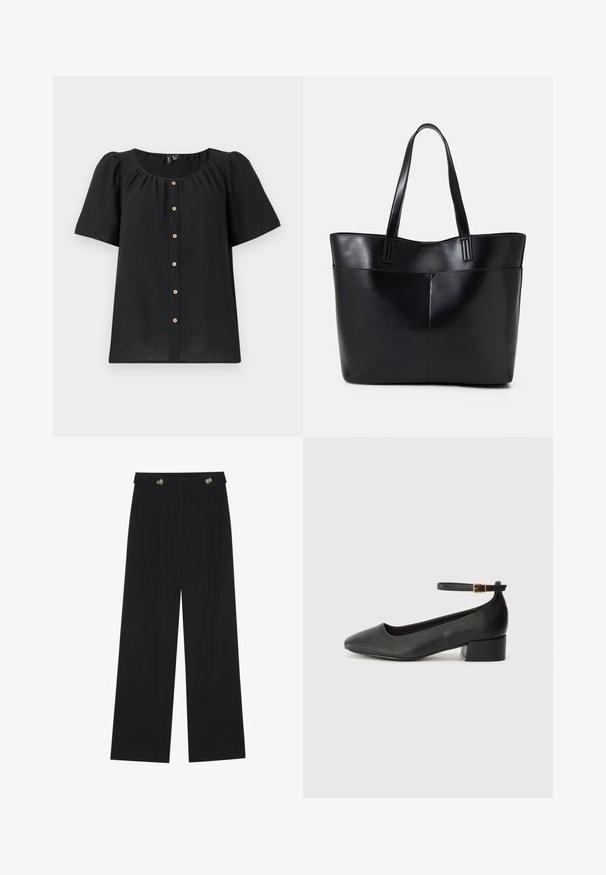 Blouse noire à manches courtes avec un col rond et une fermeture à boutons. Présente des détails froncés et des accents en boutons en bois le long du plastron.; Pantalons larges noirs à taille haute, avec des détails de boutons à la taille et des plis sur le devant.; Escarpin en cuir noir avec un bout pointu et un petit talon bloc. Doté d'une bride de cheville avec une boucle dorée. Texture lisse.; Sac fourre-tout en cuir noir avec deux longues poignées, une texture lisse et une forme structurée. Dispose d'une poche avant pour un rangement supplémentaire.