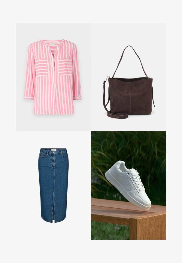 Blusa rosa chiaro con strisce bianche verticali, dotata di scollatura a V, maniche a tre quarti e due tasche sul petto. Tessuto morbido.; Gonna a tubino in denim blu scuro, con uno spacco frontale, cinque tasche e cuciture a contrasto. Vita medio-alta con un design classico.; Sneaker bianco con tomaia in sintetico liscio, punta perforata, lacci piatti e suola testurizzata, esposto su una superficie di legno.; Borsa a spalla in suede marrone con una texture morbida, caratterizzata da una singola tracolla e un'apertura superiore leggermente curvata. Nessun dettaglio hardware visibile.